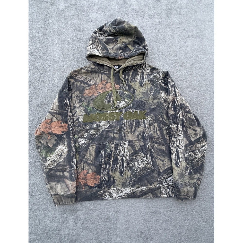 Mossy Oak Hoodie Mens Large Green Camouflage Pullover Fleece Logo Camo Hunting